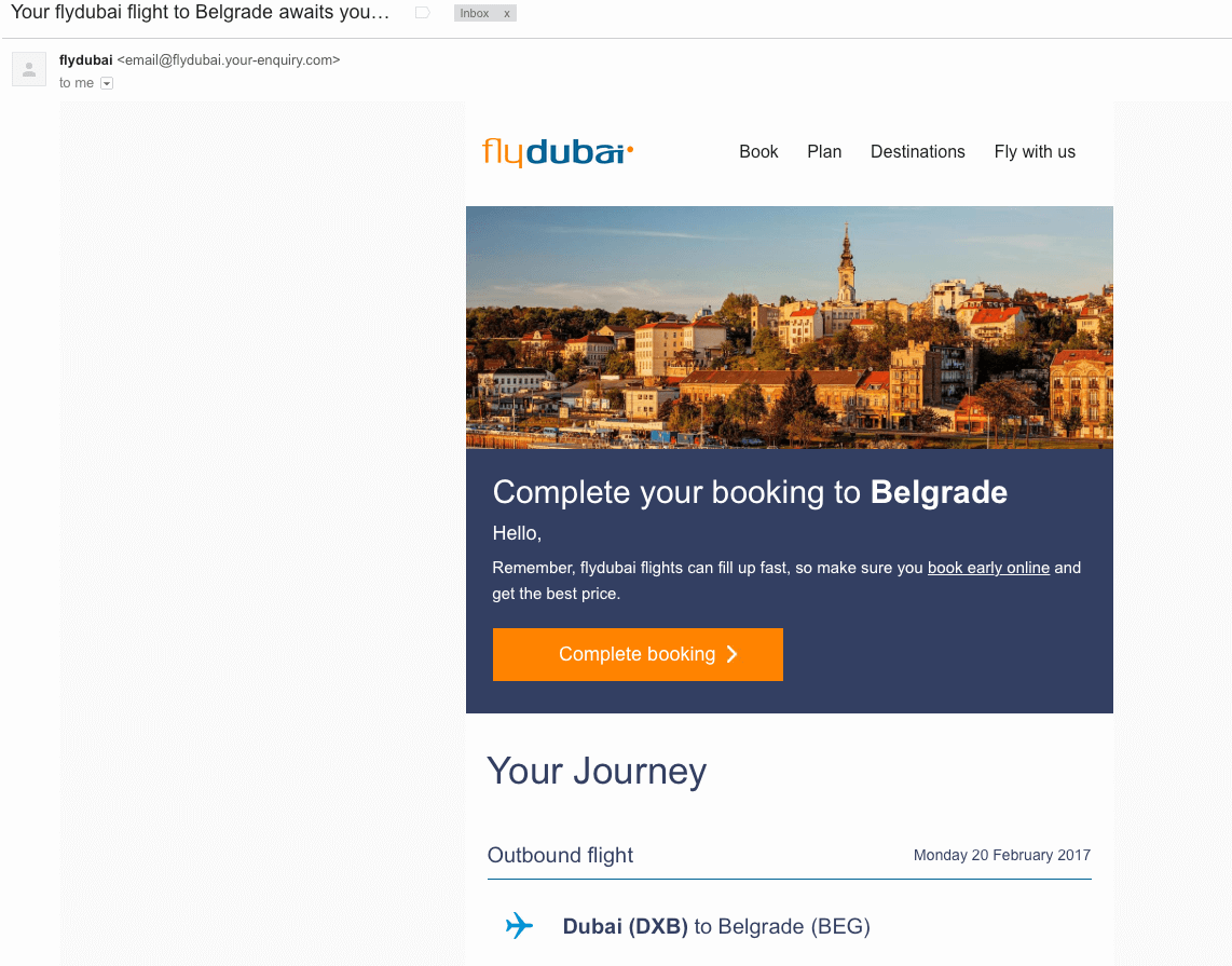 FlyDubai booking abandonment email example1142 x 895