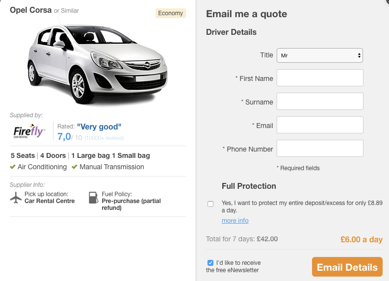 Rentalcars Email me a quote