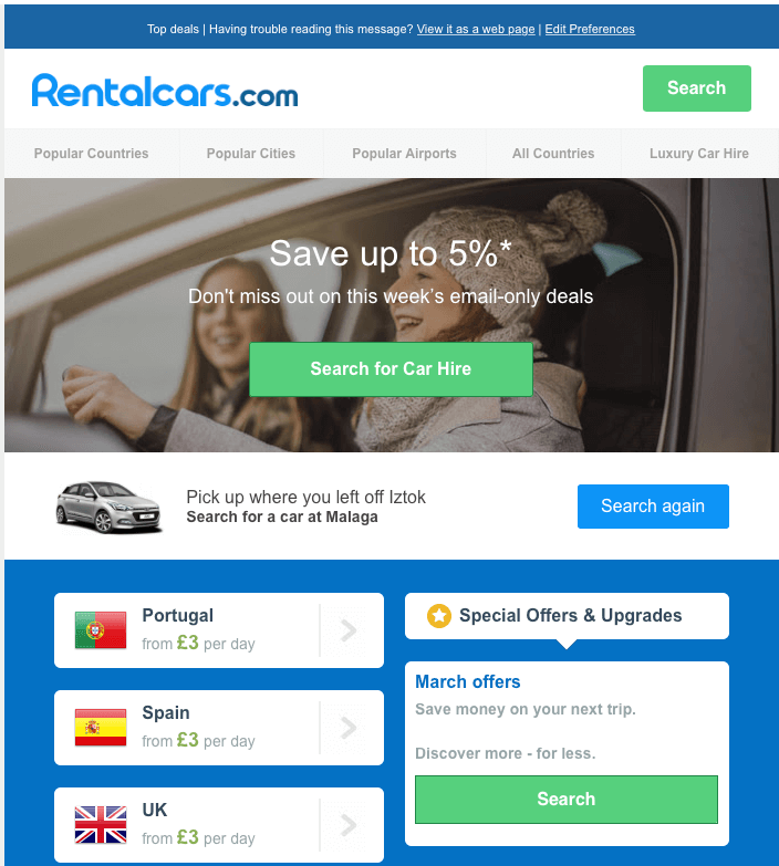Rentalcars newsletter with abandonment data